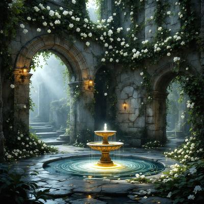 Primary subject: A fountain with a golden bowl in the middle, surrounded by a garden setting.

Setting/background: The fountain is located in a garden with a stone wall and a stone bridge nearby. The garden is filled with flowers, creating a beautiful and serene atmosphere.

Visual style: The image is a digital artwork, showcasing the fountain and the garden in a detailed and realistic manner.

Colors and mood: The colors in the image are predominantly shades of green, brown, and gold, reflecting the natural beauty of the garden. The overall mood is calm and peaceful, inviting viewers to enjoy the tranquility of the garden setting.